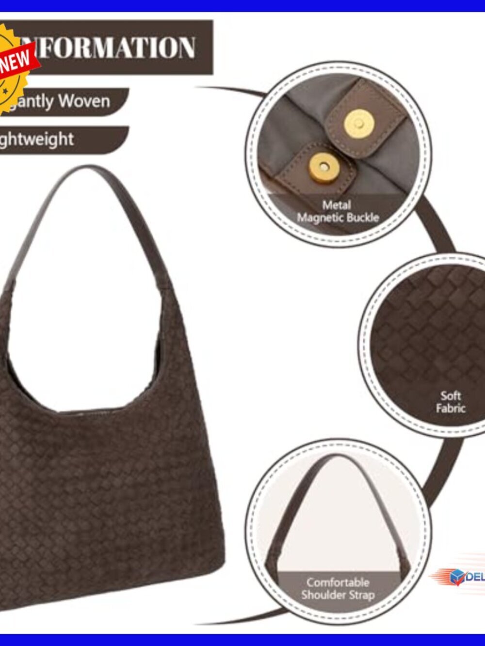 Woven Suede Hobo Tote Bag with Zippered Compartments for Work Travel - Picture 5 of 7